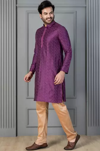 purple silk blend kurta payjama dupatta set for men with printed work