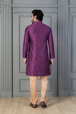 purple silk blend kurta payjama dupatta set for men with printed work 4