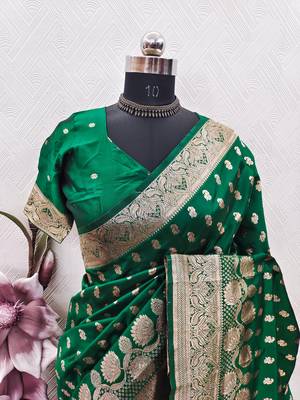 Green art silk blend banarasi jacuard work saree with unstitched blouse piece 7