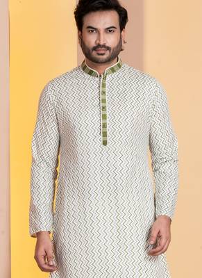 white silk blend kurta for men with pinted work 1