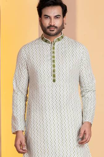white silk blend kurta for men with pinted work