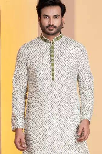 white silk blend kurta for men with pinted work