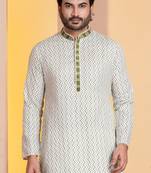 white silk blend kurta for men with pinted work