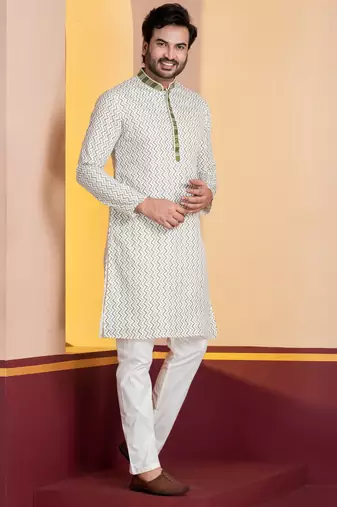 white silk blend kurta for men with pinted work