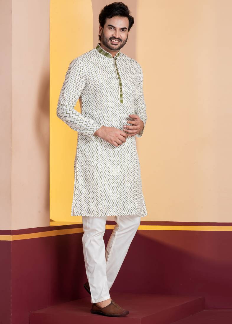 white silk blend kurta for men with pinted work
