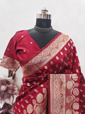 Red art silk blend banarasi jacuard work saree with unstitched blouse piece 7