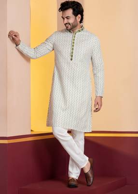 white silk blend kurta for men with pinted work 3