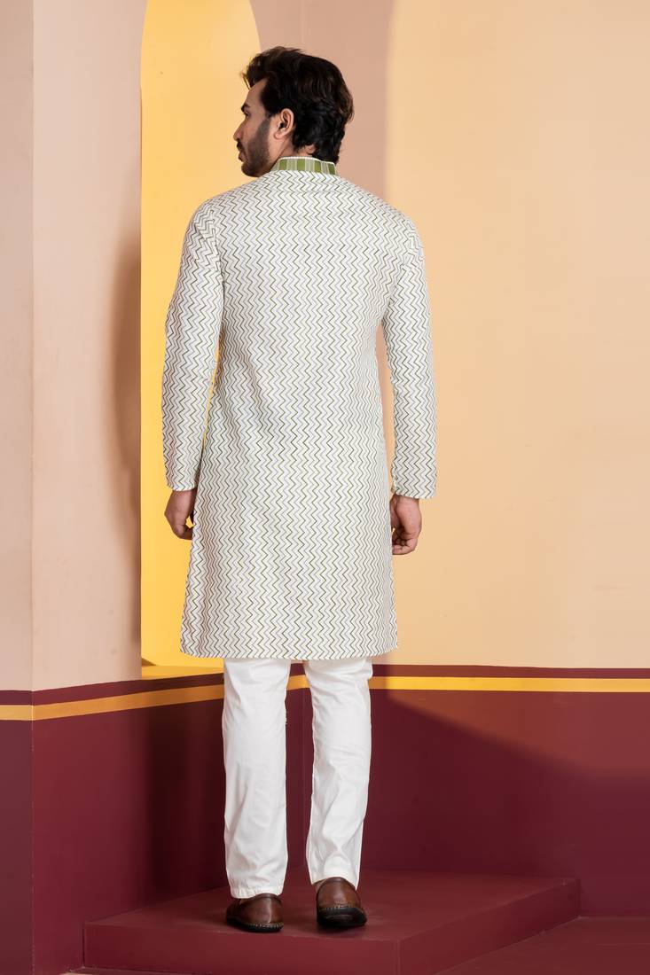 white silk blend kurta for men with pinted work