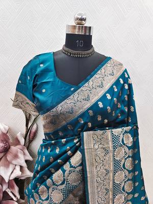 Turquoise art silk blend banarasi jacuard work saree with unstitched blouse piece 7