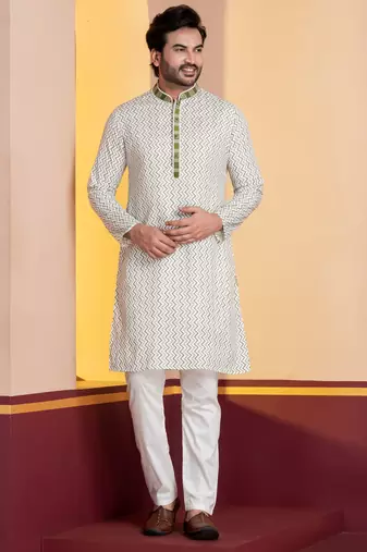 white silk blend kurta pyjama set for men with pinted work