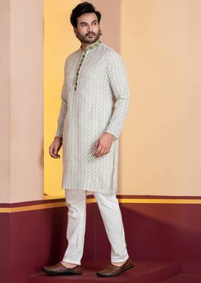 white silk blend kurta pyjama set for men with pinted work 3