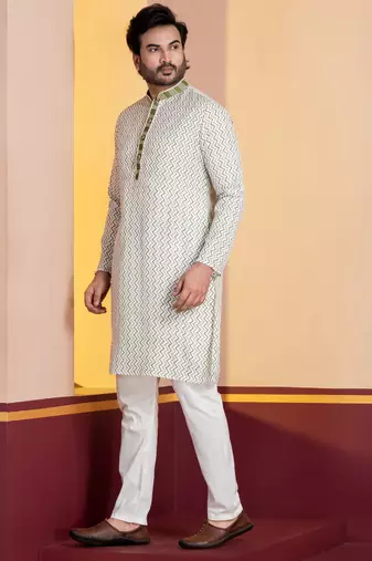 white silk blend kurta pyjama set for men with pinted work
