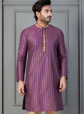 purple silk blend kurta for men with pinted work 1