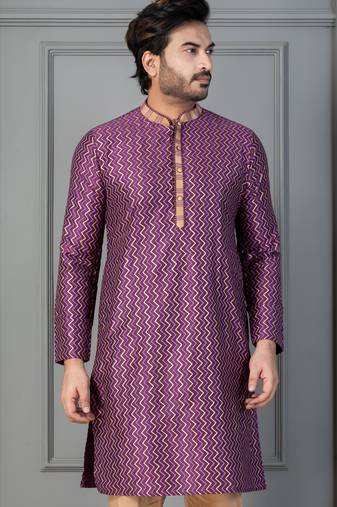 purple silk blend kurta for men with pinted work