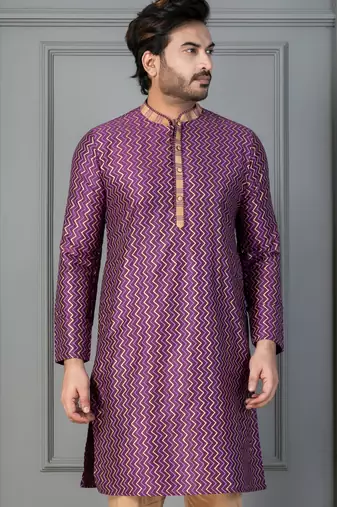 purple silk blend kurta for men with pinted work