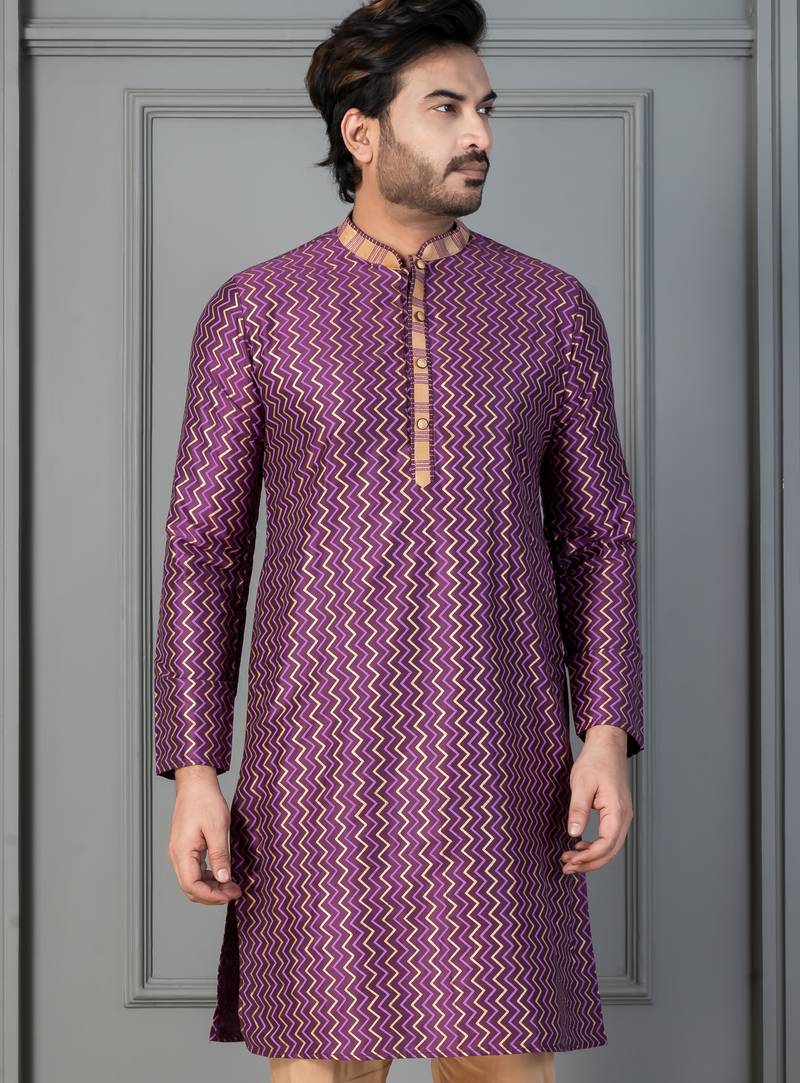 purple silk blend kurta for men with pinted work