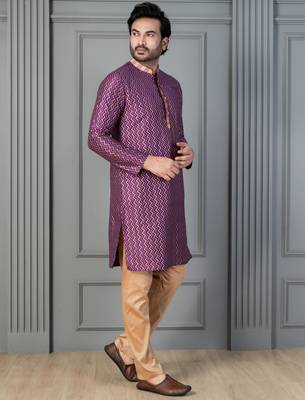 purple silk blend kurta for men with pinted work 2