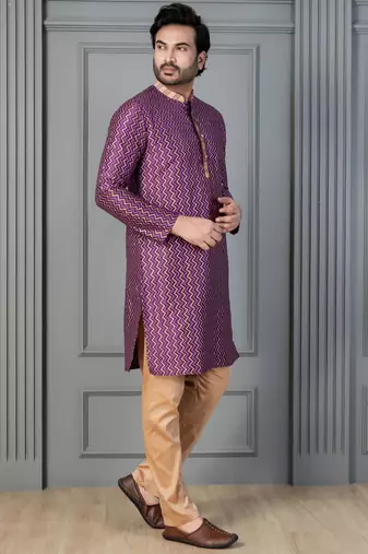 purple silk blend kurta for men with pinted work