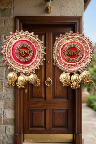 traditional shubh labh gota ball wall hanging  wall hanging for main door  perfect for home decor (pack of 2)
