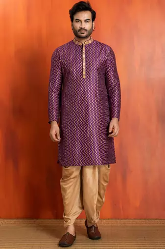 purple silk blend kurta for men with pinted work