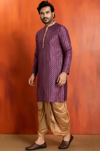 purple silk blend kurta for men with pinted work