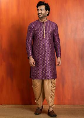 purple silk blend kurta for men with pinted work 3