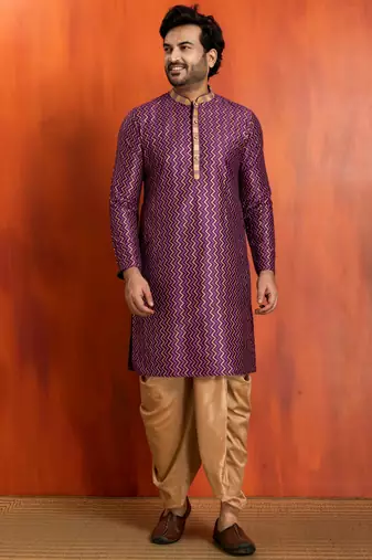purple silk blend kurta for men with pinted work