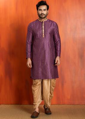 purple silk blend kurta dhoti set for men with pintred work 1