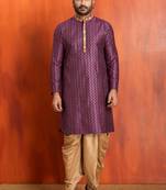 purple silk blend kurta dhoti set for men with pintred work