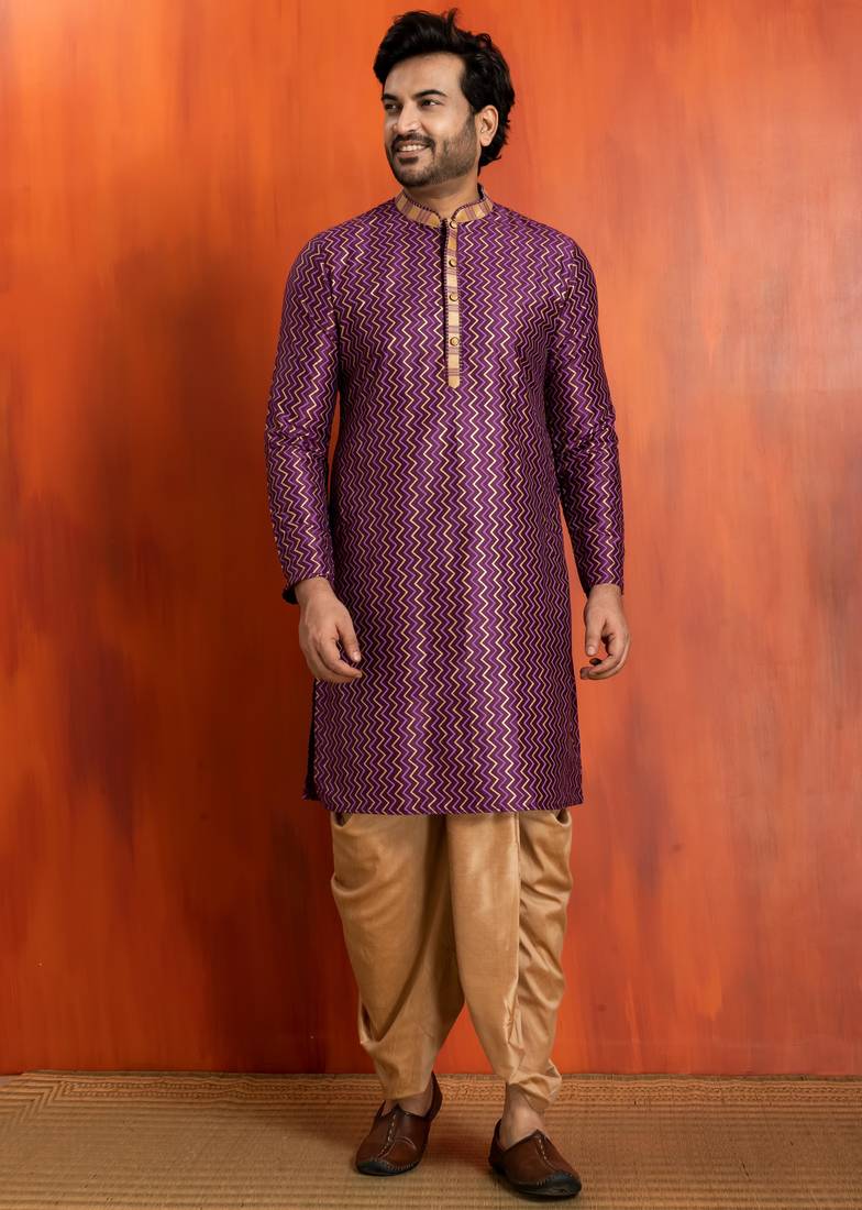 purple silk blend kurta dhoti set for men with pintred work