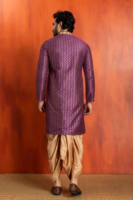 purple silk blend kurta dhoti set for men with pintred work 4