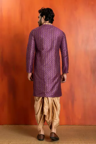 purple silk blend kurta dhoti set for men with pintred work