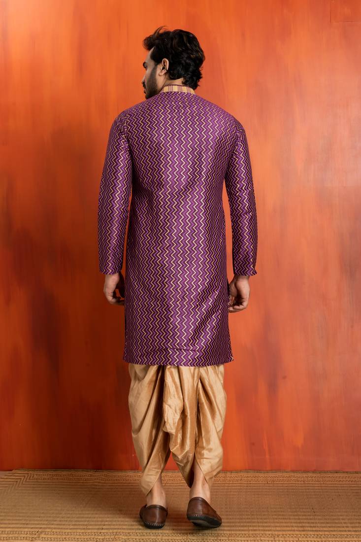 purple silk blend kurta dhoti set for men with pintred work