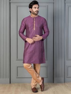 purple silk blend kurta pyjama set for men with printed work 1