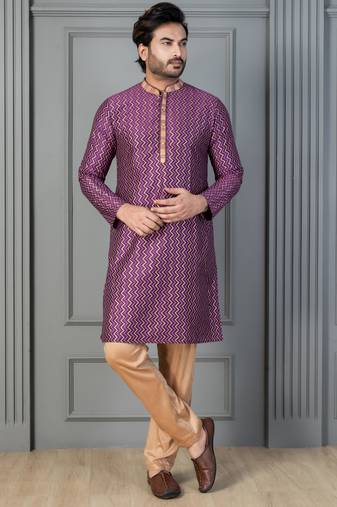 purple silk blend kurta pyjama set for men with printed work