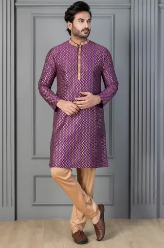 purple silk blend kurta pyjama set for men with printed work