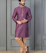 purple silk blend kurta pyjama set for men with printed work