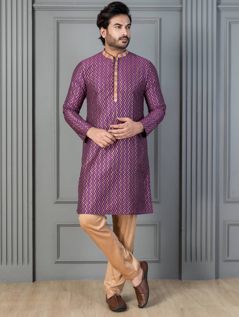 purple silk blend kurta pyjama set for men with printed work