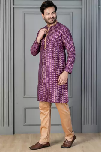 purple silk blend kurta pyjama set for men with printed work