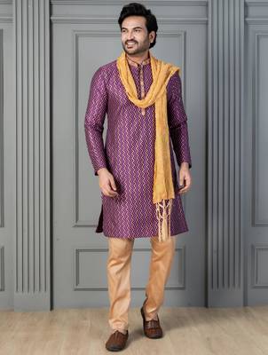 purple silk blend kurta payjama dupatta set for men 1
