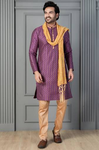 purple silk blend kurta payjama dupatta set for men
