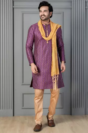 purple silk blend kurta payjama dupatta set for men