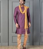 purple silk blend kurta payjama dupatta set for men