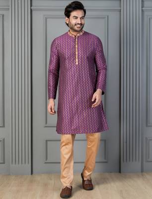 purple silk blend kurta payjama dupatta set for men 2