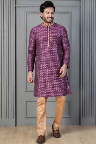 purple silk blend kurta payjama dupatta set for men