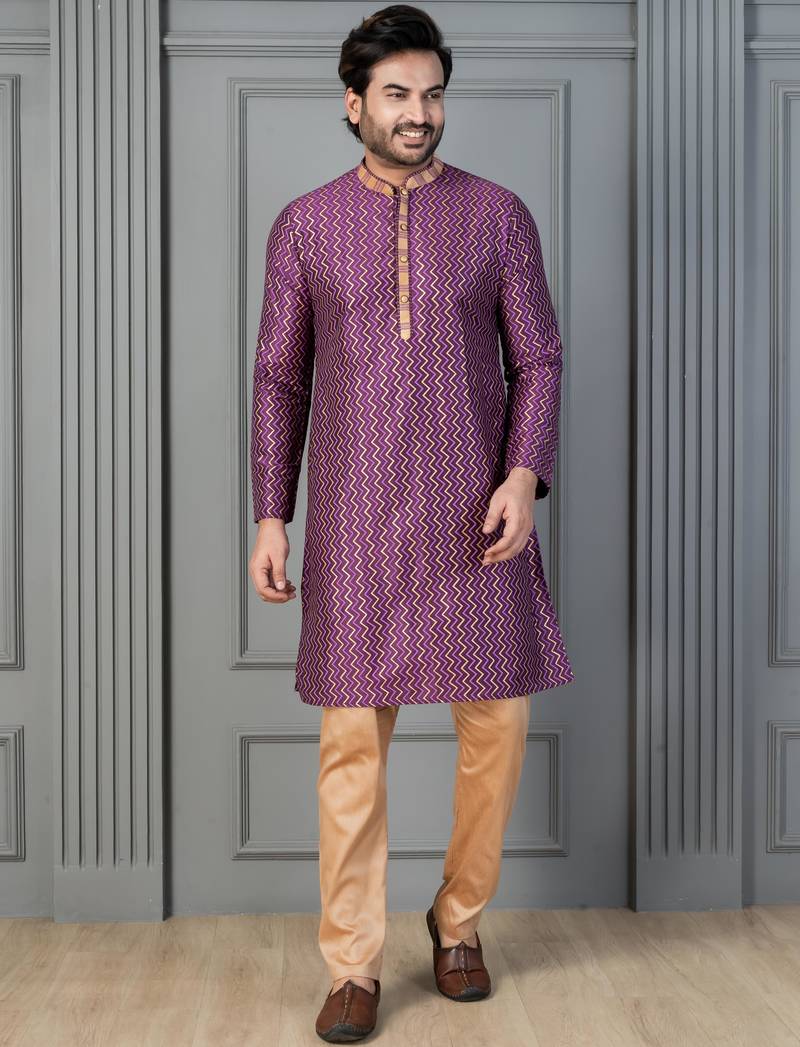 purple silk blend kurta payjama dupatta set for men