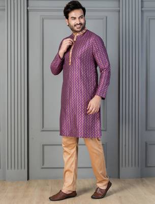 purple silk blend kurta payjama dupatta set for men 3