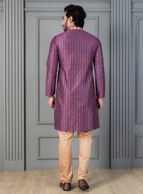purple silk blend kurta payjama dupatta set for men 4