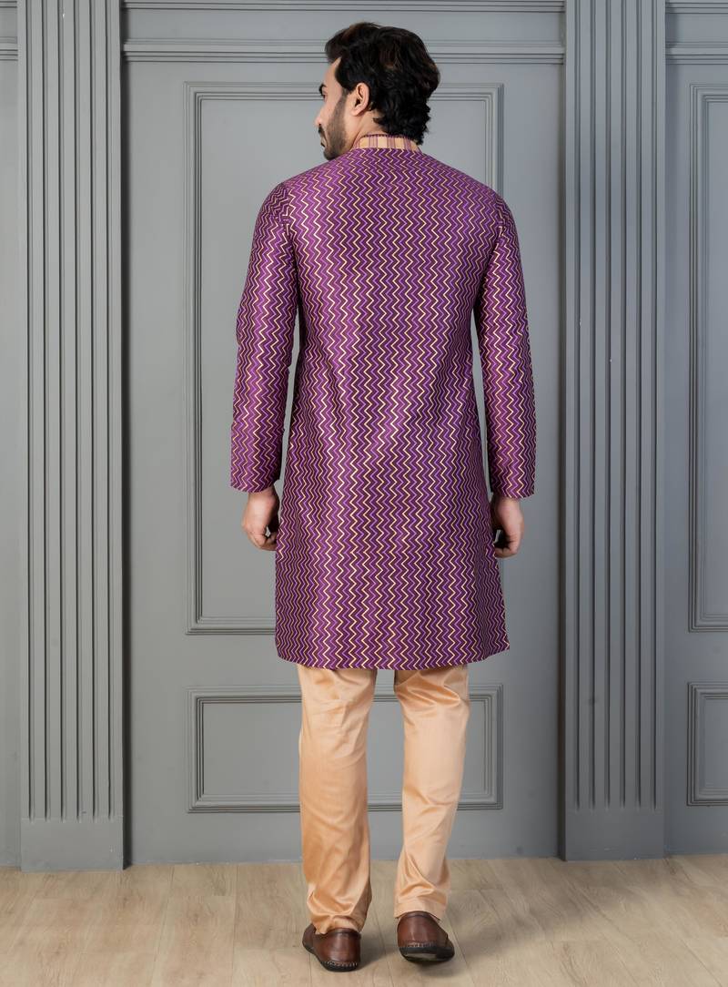purple silk blend kurta payjama dupatta set for men