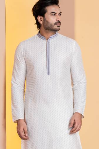white silk blend kurta for men with printed work